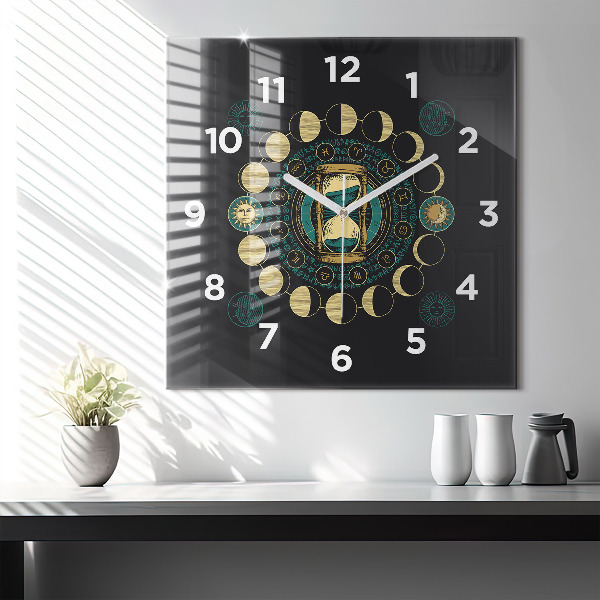 Square wall clock Moon phases and hourglass