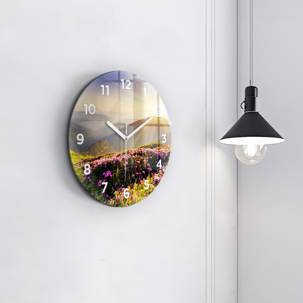 Round glass wall clock Mountain landscape