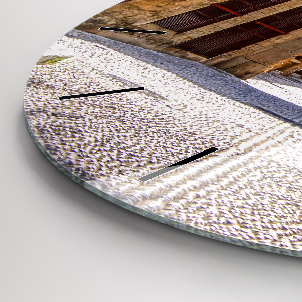 Round glass wall clock Picturesque street of Rhodes