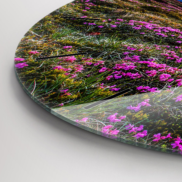 Round glass wall clock Sunrise and flowers