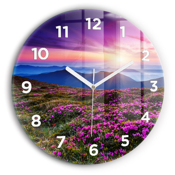 Round glass wall clock Sunrise and flowers
