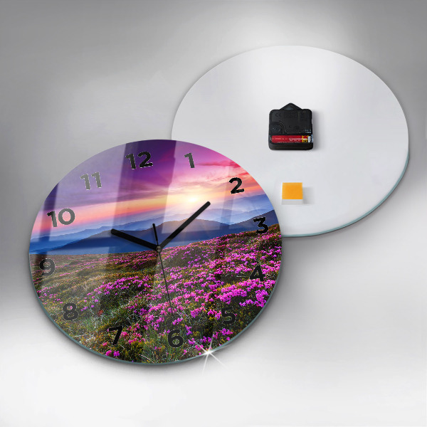 Round glass wall clock Sunrise and flowers