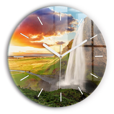 Round glass wall clock Waterfall in Iceland
