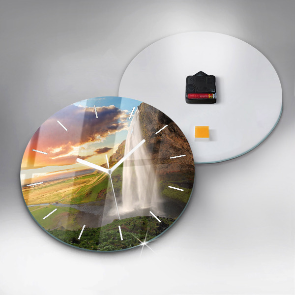 Round glass wall clock Waterfall in Iceland