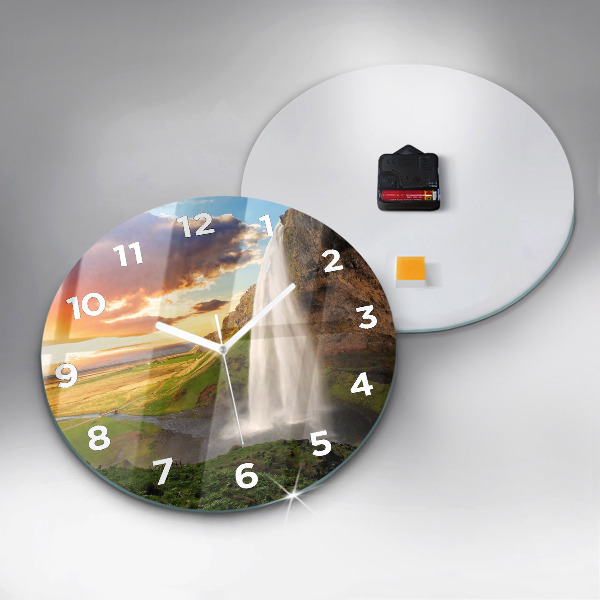 Round glass wall clock Waterfall in Iceland