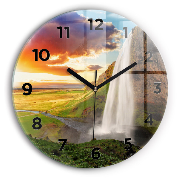 Round glass wall clock Waterfall in Iceland