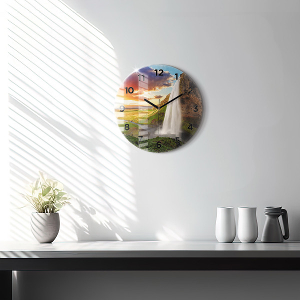 Round glass wall clock Waterfall in Iceland