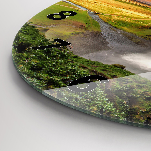 Round glass wall clock Waterfall in Iceland