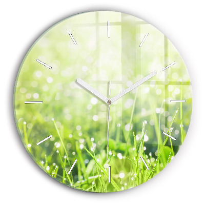 Round glass wall clock Green grass