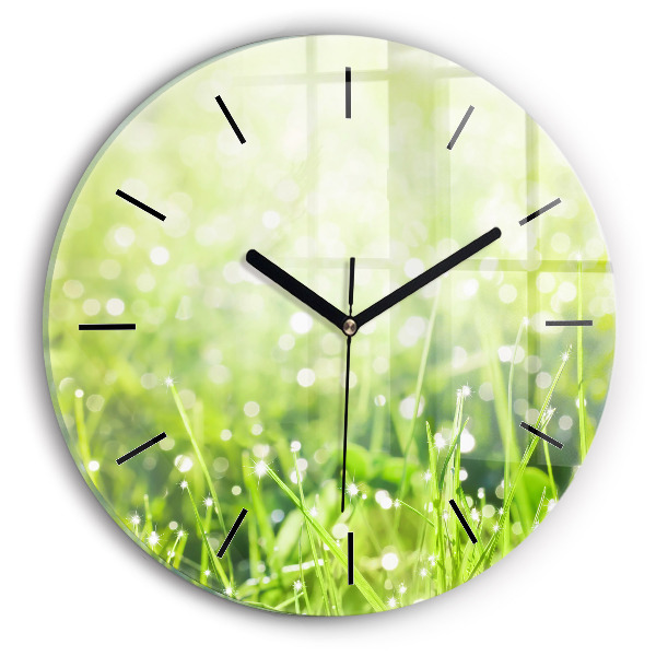 Round glass wall clock Green grass