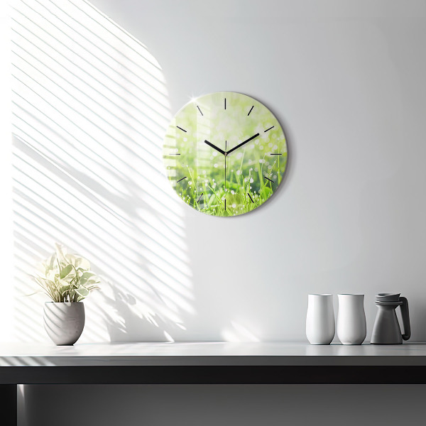 Round glass wall clock Green grass