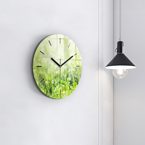 Round glass wall clock Green grass