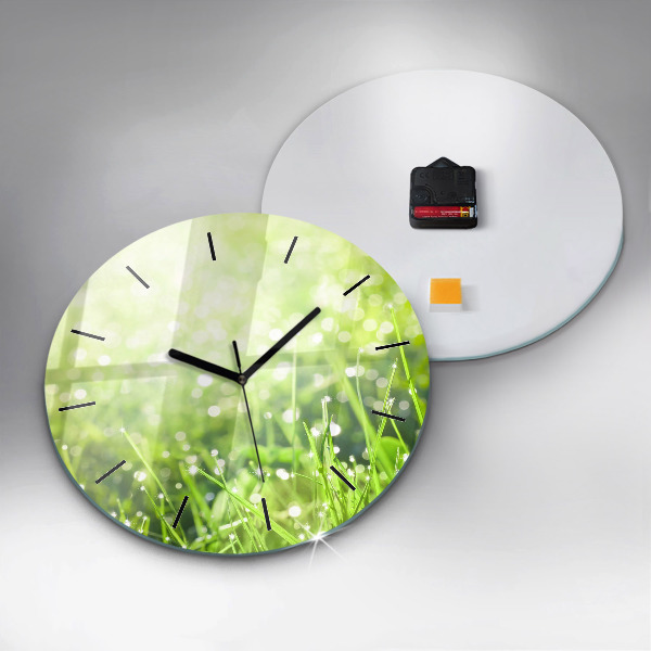 Round glass wall clock Green grass