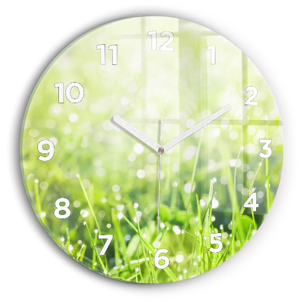 Round glass wall clock Green grass