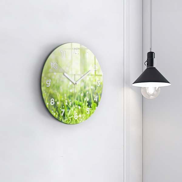 Round glass wall clock Green grass
