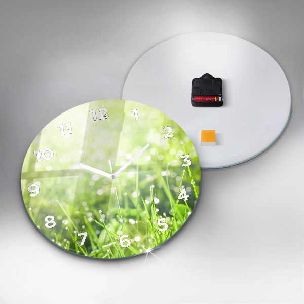 Round glass wall clock Green grass
