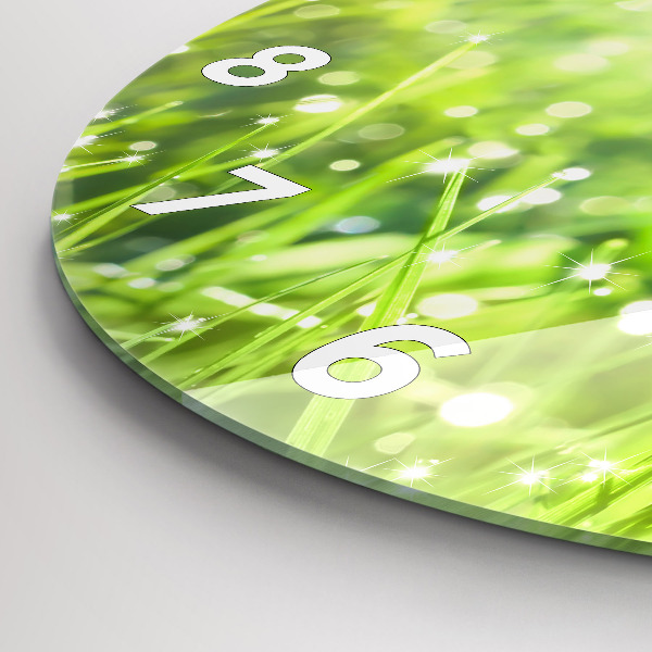 Round glass wall clock Green grass