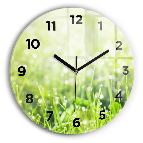 Round glass wall clock Green grass