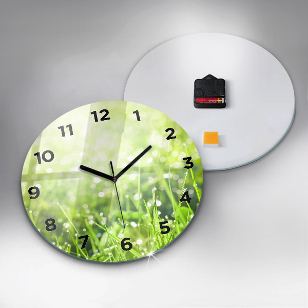 Round glass wall clock Green grass