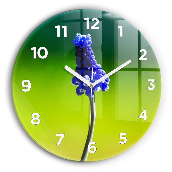 Round glass wall clock Blue flowers