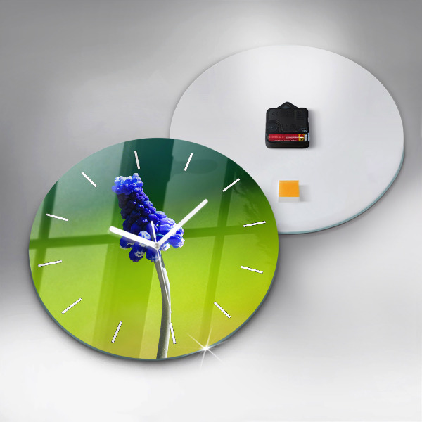 Round glass wall clock Blue flowers