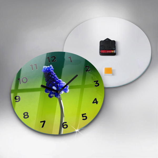 Round glass wall clock Blue flowers