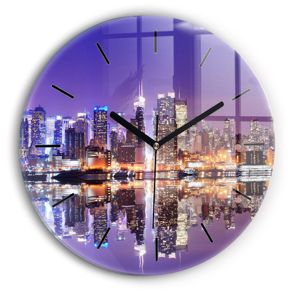 Round glass wall clock New York City at Night