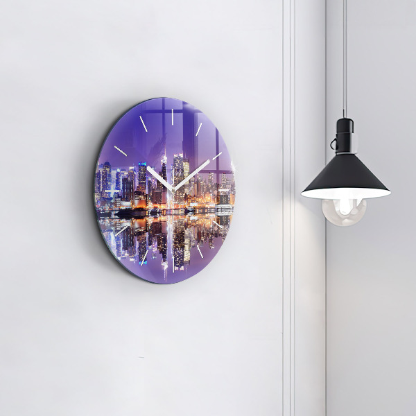 Round glass wall clock New York City at Night