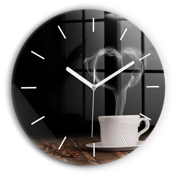 Round glass wall clock A cup of hot coffee