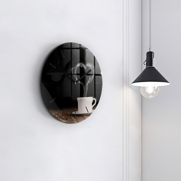 Round glass wall clock A cup of hot coffee