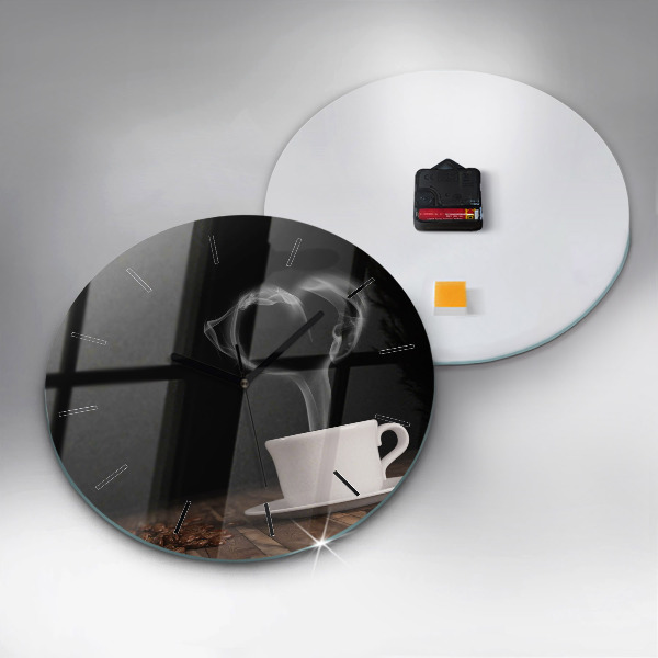 Round glass wall clock A cup of hot coffee