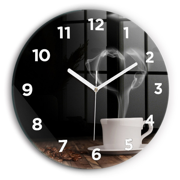 Round glass wall clock A cup of hot coffee