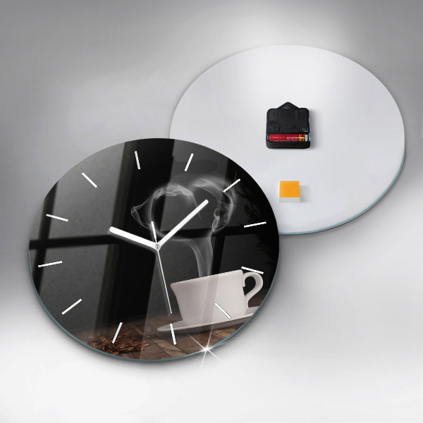 Round glass wall clock A cup of hot coffee