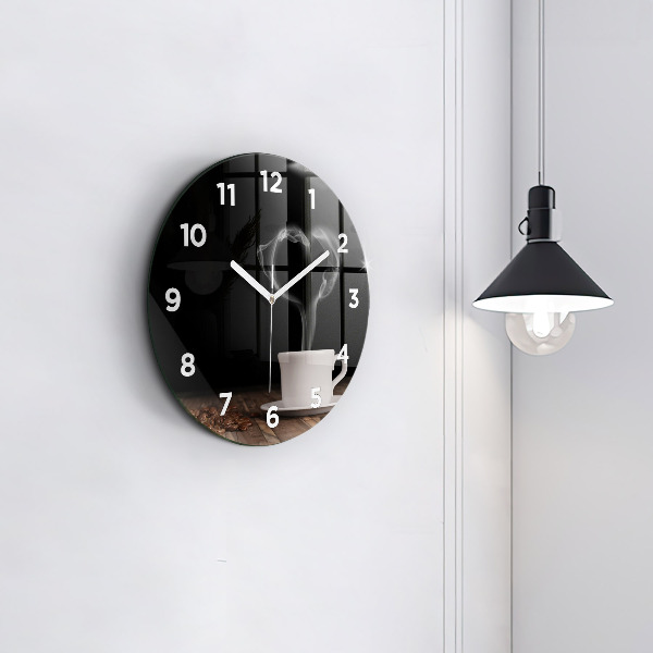 Round glass wall clock A cup of hot coffee