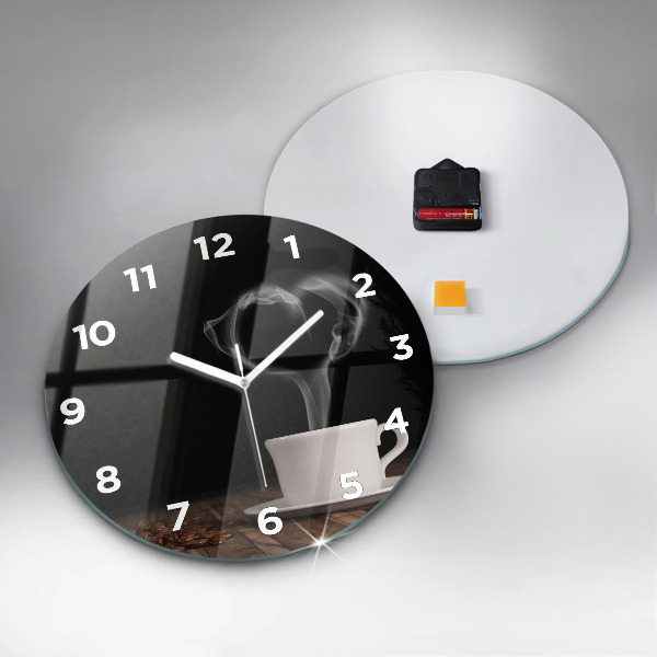 Round glass wall clock A cup of hot coffee