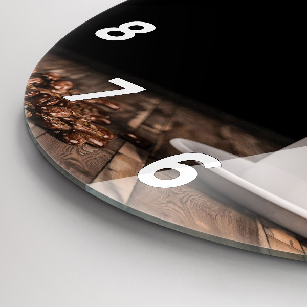 Round glass wall clock A cup of hot coffee