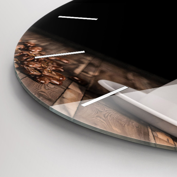 Round glass wall clock A cup of hot coffee