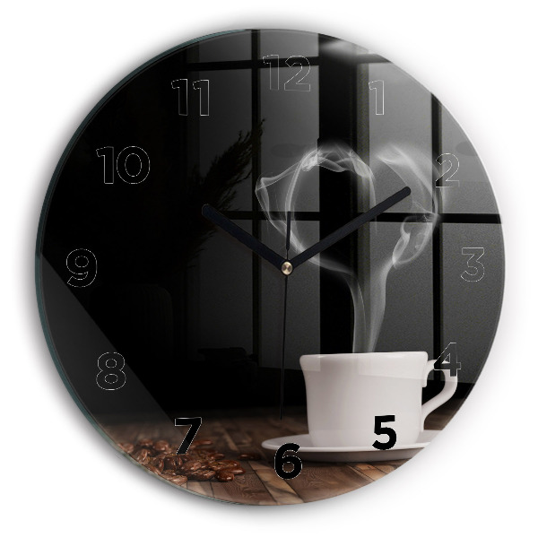 Round glass wall clock A cup of hot coffee