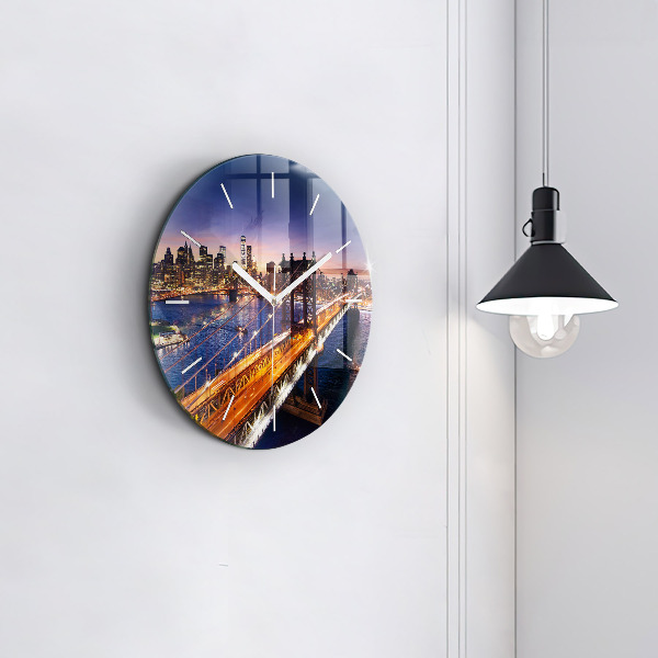 Round glass wall clock New York and the sunset