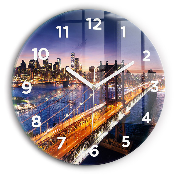 Round glass wall clock New York and the sunset