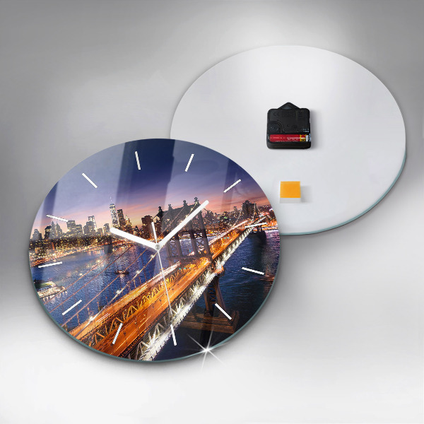 Round glass wall clock New York and the sunset