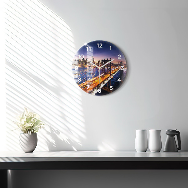 Round glass wall clock New York and the sunset