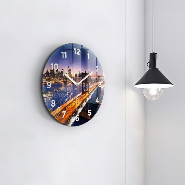 Round glass wall clock New York and the sunset