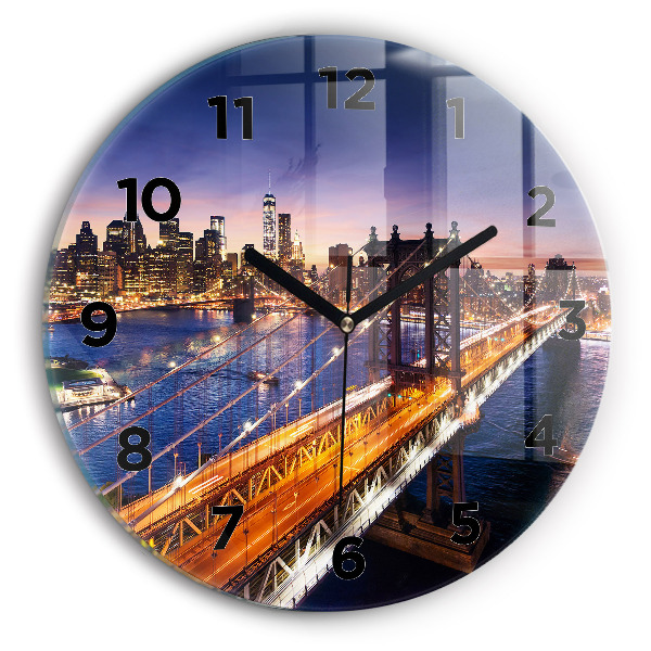 Round glass wall clock New York and the sunset
