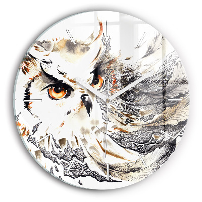 Round glass wall clock Owl symbol of wisdom