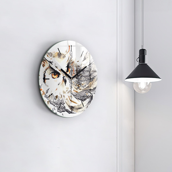 Round glass wall clock Owl symbol of wisdom
