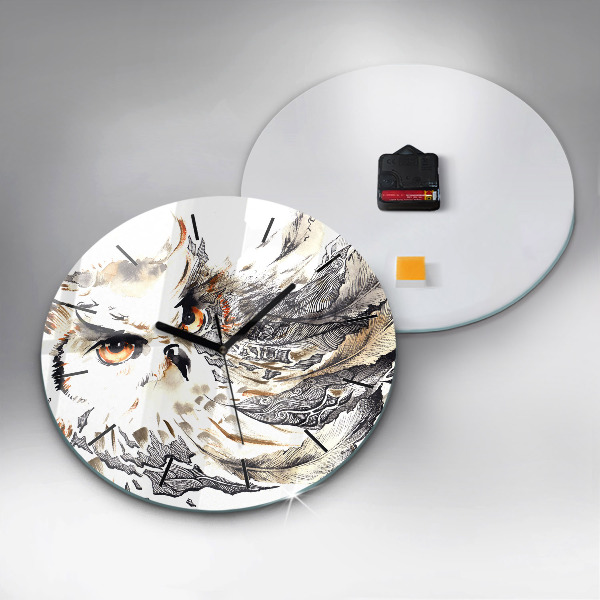 Round glass wall clock Owl symbol of wisdom