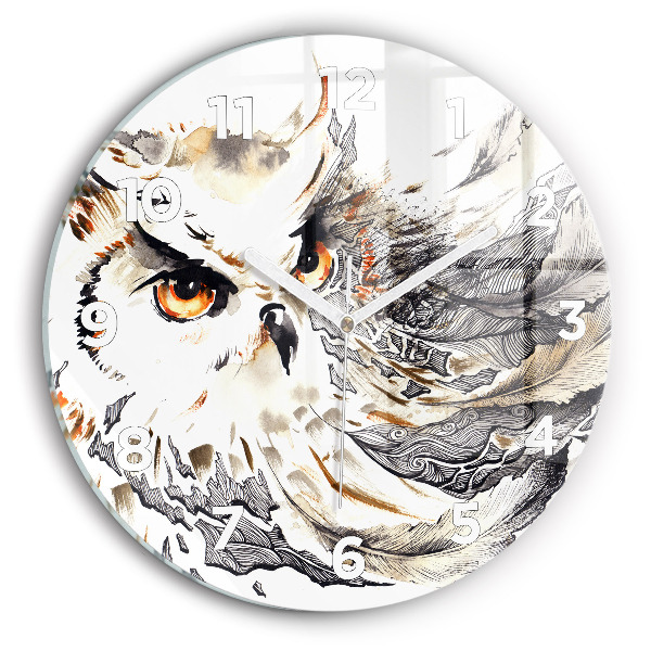 Round glass wall clock Owl symbol of wisdom