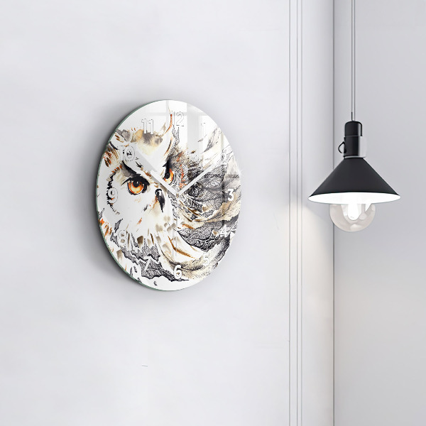 Round glass wall clock Owl symbol of wisdom
