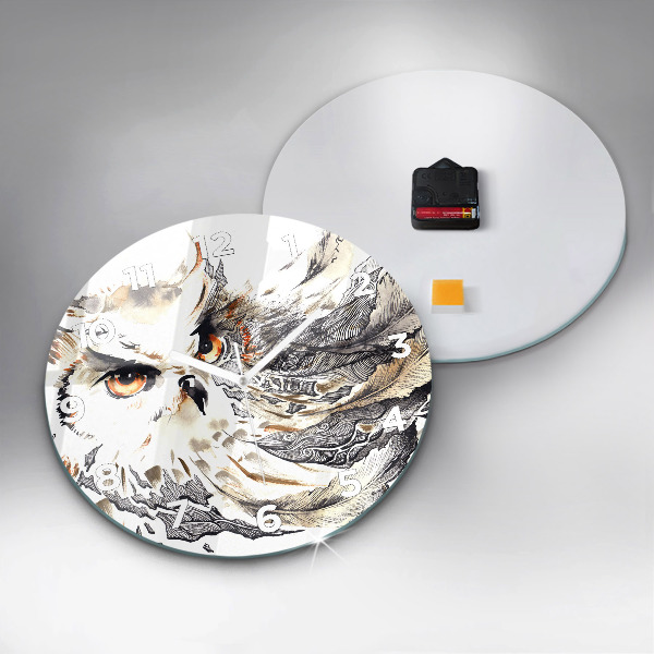 Round glass wall clock Owl symbol of wisdom